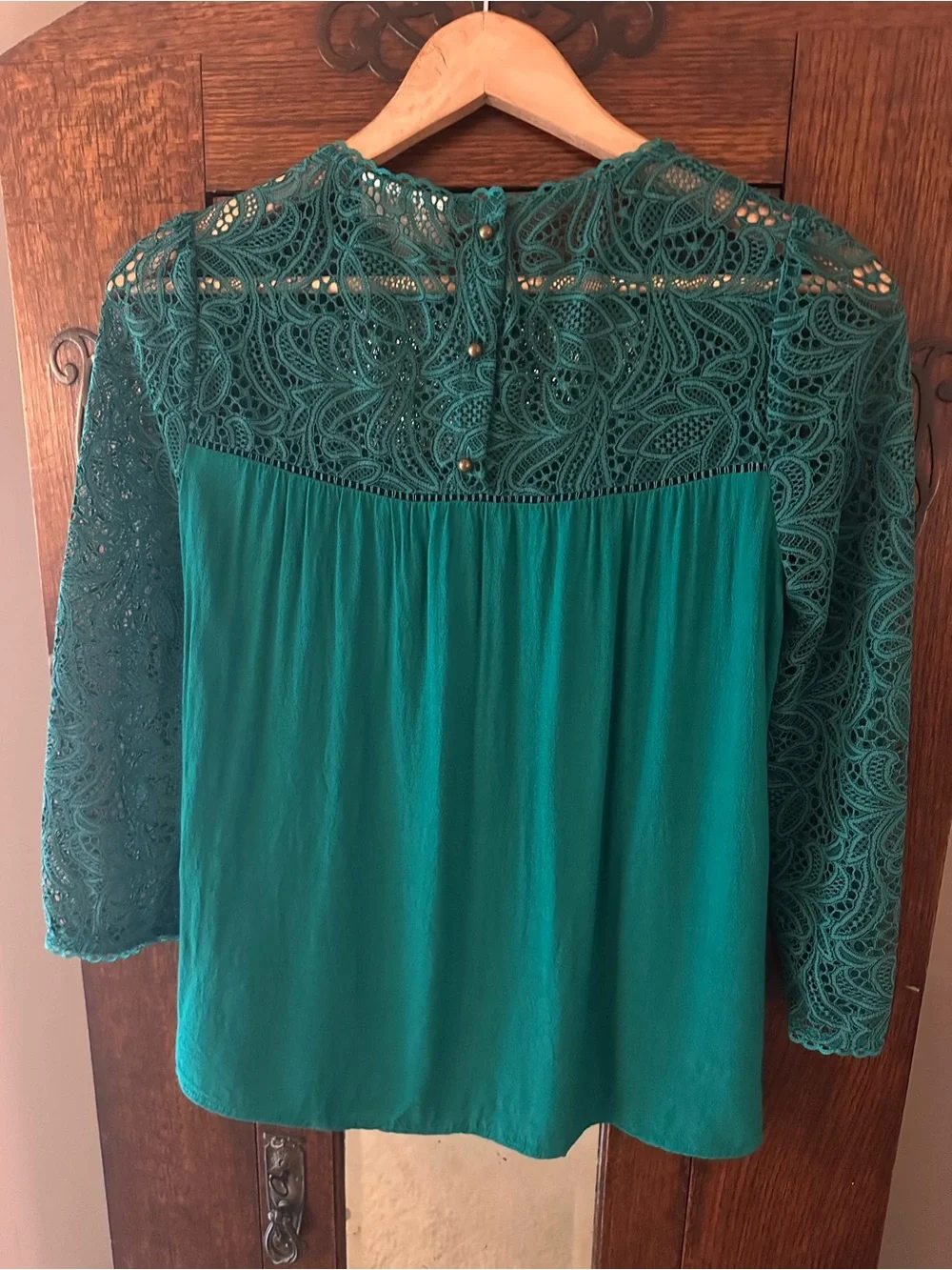 Anthropologie Moulinette Souers Green Lace Yoke Blouse Size 0 Elegant Cocktail